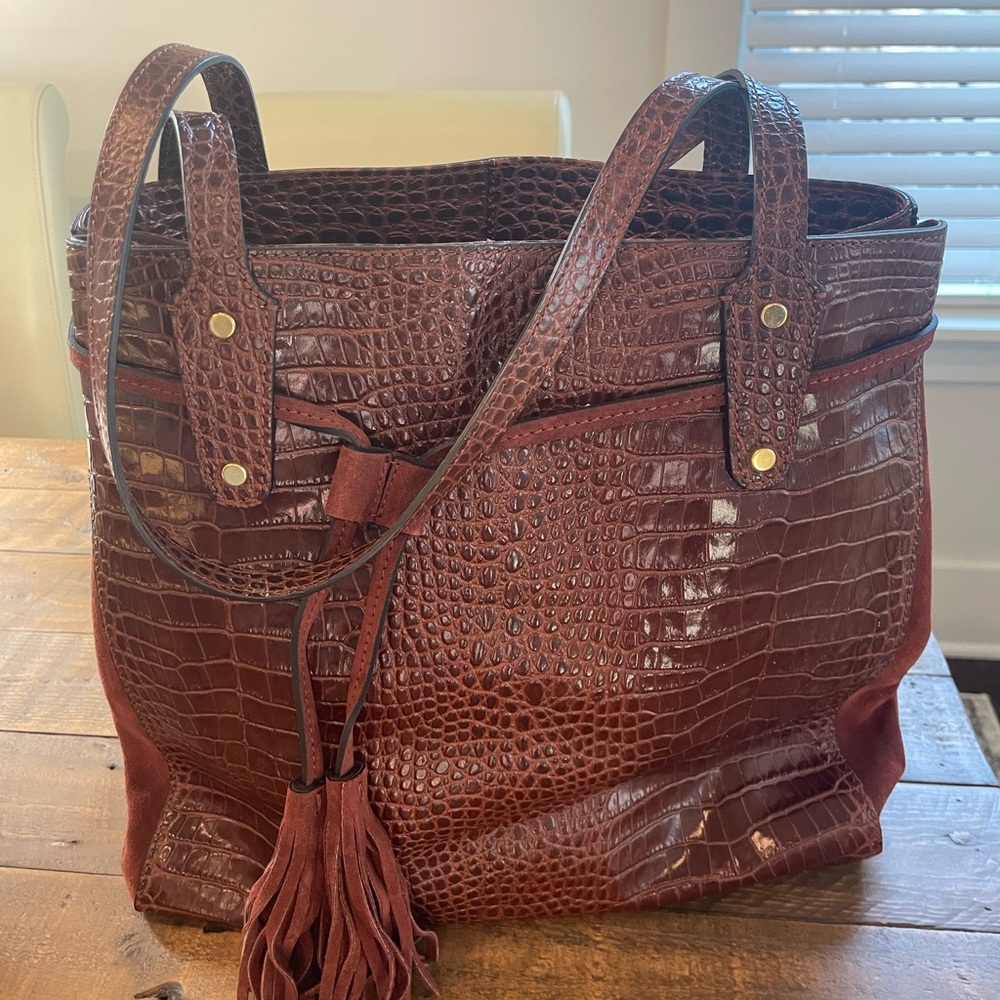 J McLaughlin Italy Brown Crocodile-Embossed Tote handbag